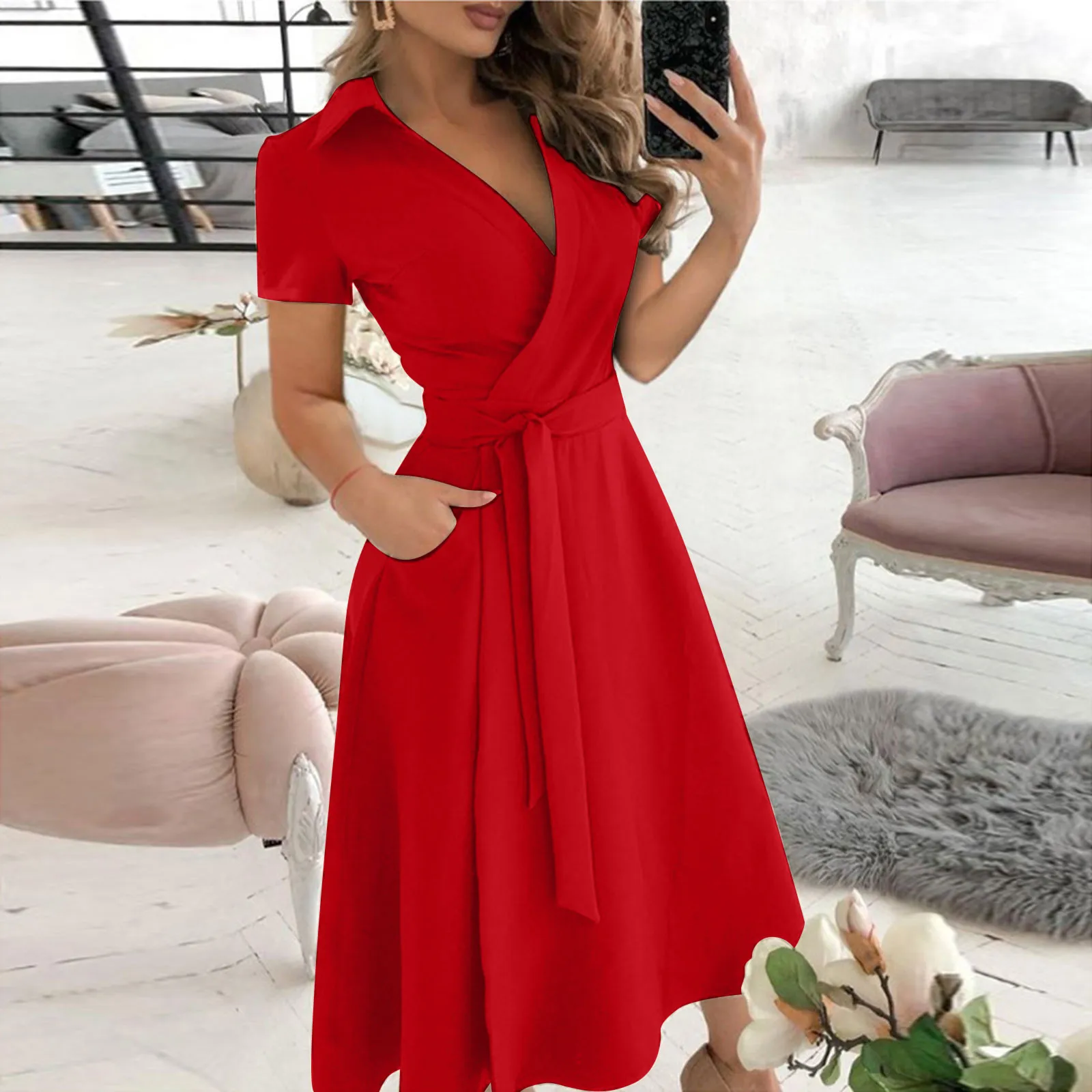 Women'S Red Formal Wear - فستان نسائي مكشكش بأكمام طويلة ،
